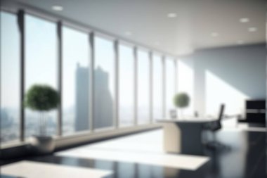 Blur background of empty modern office background in city center . Workspace interior design . Clean and bright office gallery background