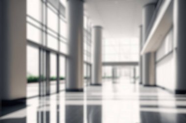 Blur background of empty entrance hall of modern public station or large convention center lobby . Contemporary beautiful office hallway with bright and clean composition