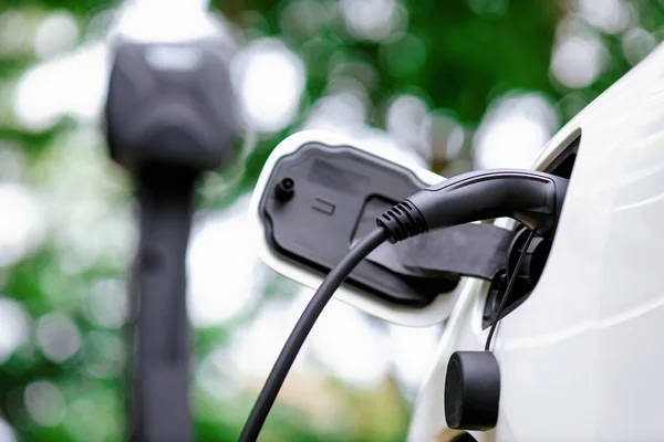 Focus Charger Plugged Progressive Rechargeable Electric Car Blur Background Natural — Photo
