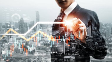 Businessman analyst working with digital finance business data graph showing technology of investment strategy for perceptive financial business decision. Digital economic analysis technology concept.