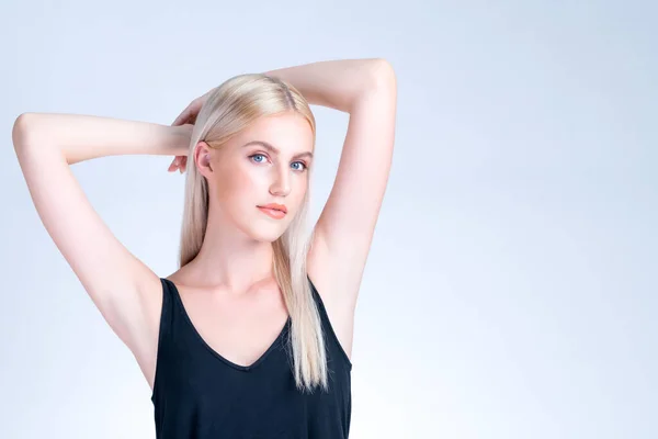 Personable Woman Lifting Her Armpit Showing Hairless Hygiene Underarm Beauty — Stock fotografie