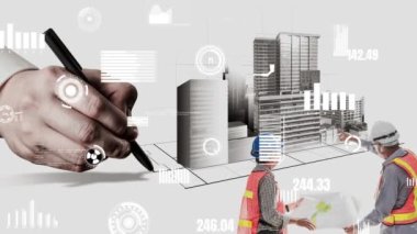 Şehir sivil planlama ve yaratıcı gayrimenkul geliştirme. Yaratıcı şehir binası tasarlamak için soyut şehir çizimine bakan mimar insanlar. Mimarlık hayali ve hırs konsepti.