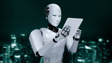 Future financial technology controll by AI robot huminoid uses machine learning and artificial intelligence to analyze business data and give advice on investment and trading decision . 3D rendering .