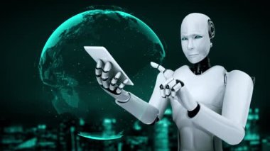 Futuristic robot artificial intelligence huminoid AI programming coding technology development and machine learning concept. Robotic bionic science research for future of human life. 3D rendering.