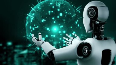 Future financial technology controll by AI robot huminoid uses machine learning and artificial intelligence to analyze business data and give advice on investment and trading decision . 3D rendering .