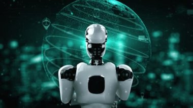 Futuristic robot artificial intelligence huminoid AI transportation analytic technology development and machine learning concept. Global robotic science research for future of human . 3D rendering.