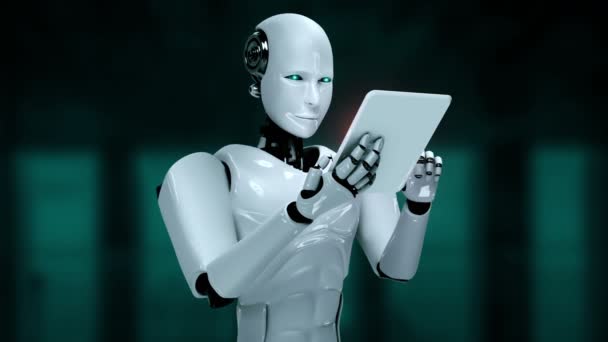 在第四次工业革命中 机器人人形机器人利用平板电脑进行大数据分析 利用人工智能 人工智能和机器学习过程 3D渲染 — 图库视频影像