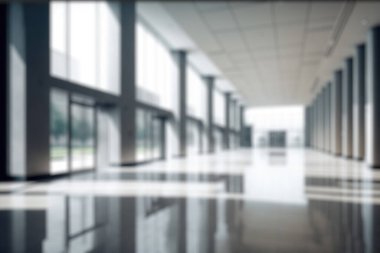 Blur background of empty entrance hall of modern public station or large convention center lobby . Contemporary beautiful office hallway with bright and clean composition