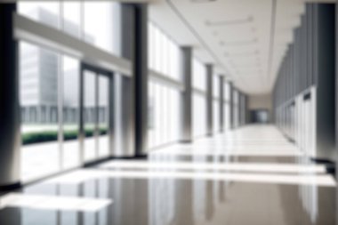 Blur background of empty entrance hall of modern public station or large convention center lobby . Contemporary beautiful office hallway with bright and clean composition