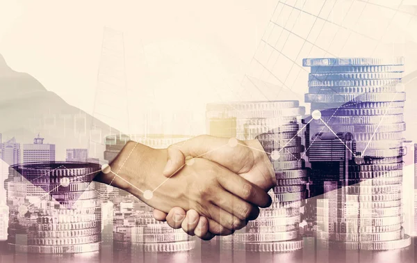Business Handshake Financiële Welvaart Geld Technologie Activa Achtergrond Economie Financiële — Stockfoto
