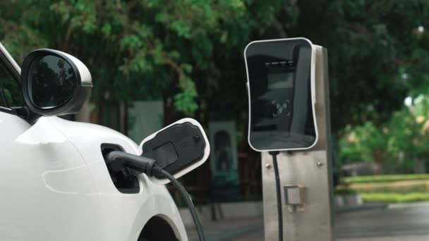 電気自動車の駐車場や充電ステーションの横に充電することにより エネルギー概念の進歩的な持続可能性 環境保全のための再生可能エネルギーによる電気自動車 — ストック動画