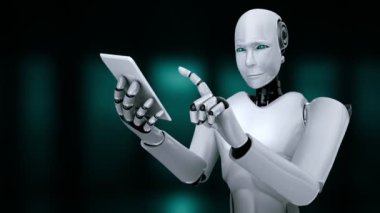 Robot hominoid use mobile phone or tablet for big data analytic using AI thinking brain , artificial intelligence and machine learning process for the 4th fourth industrial revolution . 3D rendering.