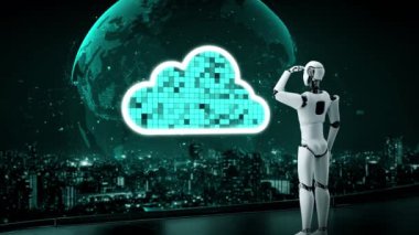 AI robot huminoid uses cloud computing technology to store data on online server . Futuristic concept of cloud information storage analyzed by machine learning process . 3D rendering .