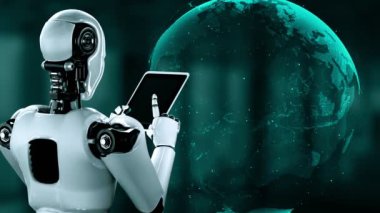 AI robot huminoid uses cloud computing technology to store data on online server . Futuristic concept of cloud information storage analyzed by machine learning process . 3D rendering .