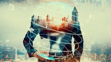 Gelecekteki bina inşaatı ve HUD hologram grafik tasarımı ile yaratıcı mühendislik projesi konsepti. İnşaat mühendisi, mimar ya da inşaat işçisi modern sivil teknoloji ile çalışıyor..