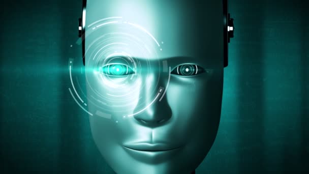 Robot Hominoid Ansikte Närbild Med Grafiska Begreppet Ingenjörsvetenskap Studie Tänkande — Stockvideo