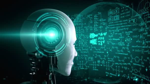 Hominoid Robot Tittar Hologram Skärm Begreppet Matematisk Beräkning Och Vetenskaplig — Stockvideo