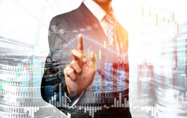 Businessman analyst working with digital finance business data graph showing technology of investment strategy for perceptive financial business decision. Digital economic analysis technology concept.