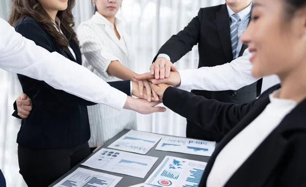 Closeup Business Team Suit Clad Businessmen Women Join Hand Stack — ストック写真