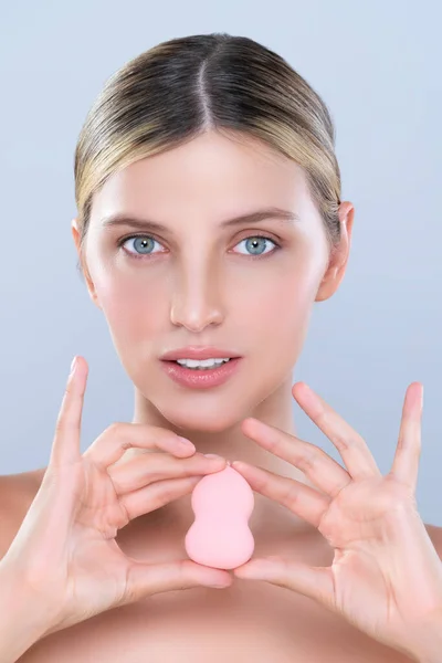 Closeup Alluring Beautiful Female Model Applying Powder Puff Facial Makeup — Photo