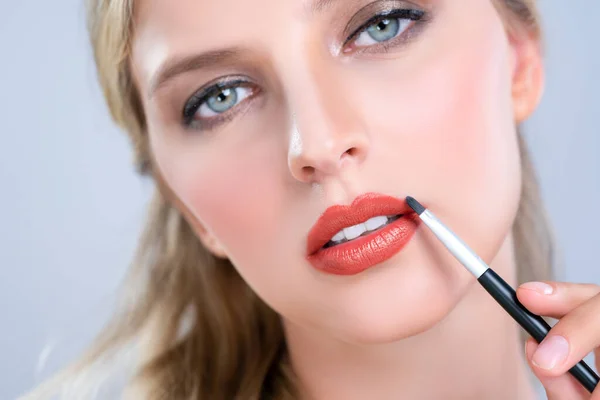 Closeup Beautiful Young Woman Flawless Healthy Skin Natural Makeup Putting — Stock Photo, Image