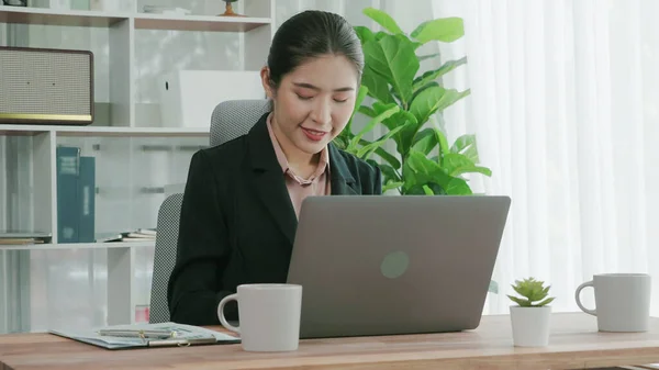 Enthusiastic Businesswoman Working Typing Laptop Office Beautiful Young Office Lady — Stock Photo, Image