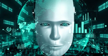 Future financial technology controll by AI robot huminoid uses machine learning and artificial intelligence to analyze business data and give advice on investment and trading decision . 3D rendering .