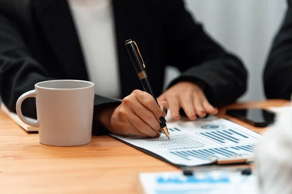 Closeup Businesswoman Reviewing Analyzing Financial Dashboard Data Accountant Paper Desk — Photo