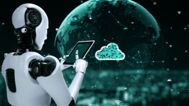 AI robot huminoid uses cloud computing technology to store data on online server . Futuristic concept of cloud information storage analyzed by machine learning process . 3D rendering .