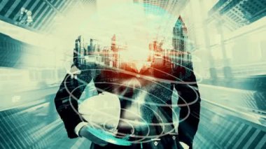 Gelecekteki bina inşaatı ve HUD hologram grafik tasarımı ile yaratıcı mühendislik projesi konsepti. İnşaat mühendisi, mimar ya da inşaat işçisi modern sivil teknoloji ile çalışıyor..