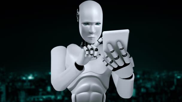 Robot Hominoid Use Mobile Phone Tablet Big Data Analytic Using — Αρχείο Βίντεο