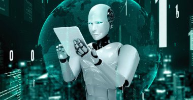 Futuristic robot artificial intelligence huminoid AI programming coding technology development and machine learning concept. Robotic bionic science research for future of human life. 3D rendering.