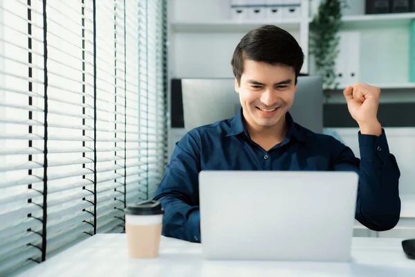 Young Male Employee Receives Promotion Good News Finished His Task — Foto Stock