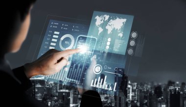 Businessman analyst working with digital finance business data graph showing technology of investment strategy for perceptive financial business decision. Digital economic analysis technology concept.