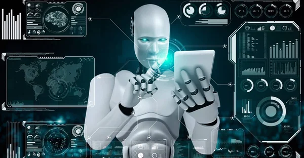 Robot hominoid use mobile phone or tablet for big data analytic using AI thinking brain , artificial intelligence and machine learning process for the 4th fourth industrial revolution . 3D rendering.