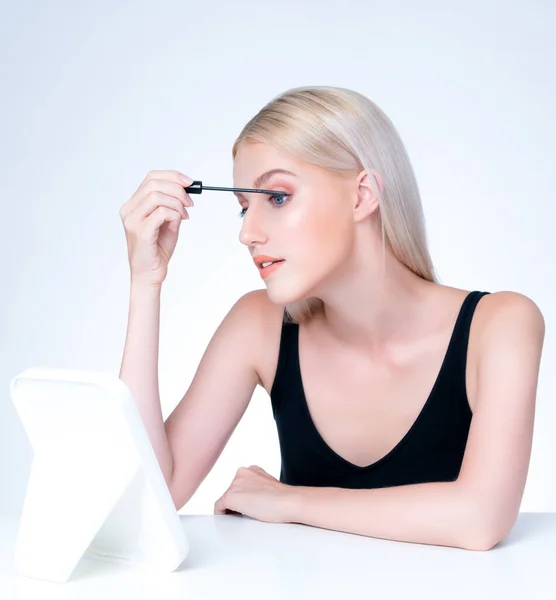 Personable Woman Blond Hair Putting Black Mascara Brush Hand Long — Photo