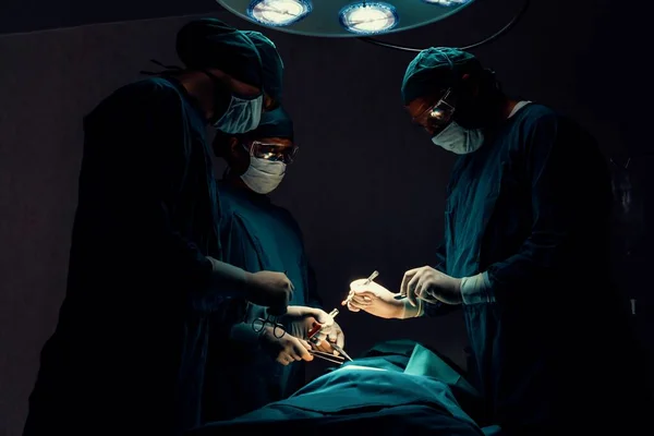 在无菌手术室为病人进行手术的外科小组 在一个由一盏灯照亮的手术室里 一个专业而自信的外科小组为一位不省人事的病人提供医疗服务 — 图库照片