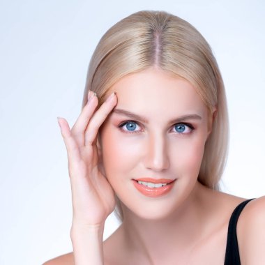 Closeup personable beautiful woman portrait with perfect smooth clean skin and natural makeup portrait in isolated background. Hand gesture with expressive facial expression for beauty model concept.