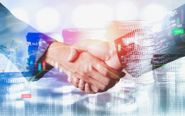 Business handshake on finance prosperity and money technology asset background . Economy and financial growth by investment in valuable stock market to gain wealth profit form currency trading
