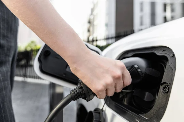 Focus Charger Plug Electric Car Public Charging Station Blur Progressive — Stock Photo, Image