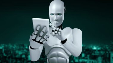 Future financial technology controll by AI robot huminoid uses machine learning and artificial intelligence to analyze business data and give advice on investment and trading decision . 3D rendering .