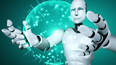 AI hominoid robot holding hologram screen shows concept of global communication network using artificial intelligence thinking by machine learning process. 3D rendering computer graphic.