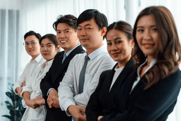 Cohesive Group Businesspeople Standing Row Holding Hand Line Together Meeting — ストック写真