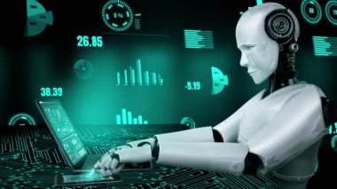 Future financial technology controll by AI robot huminoid uses machine learning and artificial intelligence to analyze business data and give advice on investment and trading decision . 3D rendering .