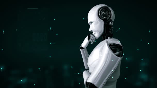 Σκέψη Ανθρωποειδές Ρομπότ Ανάλυση Οθόνη Ολόγραμμα Δείχνει Έννοια Μεγάλα Δεδομένα — Αρχείο Βίντεο