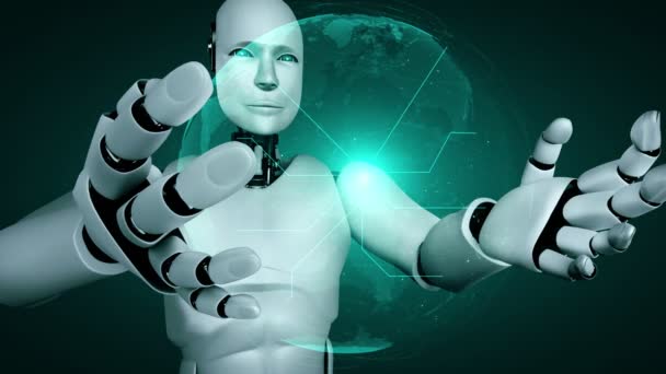 Hominoid Robot Holding Virtual Hologram Screen Showing Concept Big Data — 图库视频影像