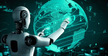 Internet connection controlled by AI robot huminoid and machine learning process to analyze data connectivity and cyber security . 3D rendering .