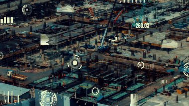 Otomasyon konseptini ve uzaktan kablosuz makine kontrolünü gösteren bir bilgisayar yazılımında fütüristik HUD kullanarak inşaat teknolojisi konsepti üzerinde değişiklik grafiği içeren konsept .