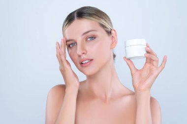 Alluring beautiful perfect cosmetic skin woman portrait hold mockup jar cream or moisturizer for skincare treatment, anti-aging product in isolated background. Natural healthy skin model concept.
