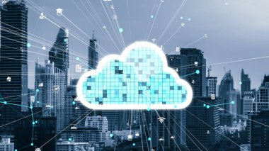 Bulut hesaplama teknolojisi ve veri paylaşımı için çevrimiçi veri depolama. Bilgisayar, bulut veri transferi için internet ağ sunucu servisine bağlanır ve 3B fütürist grafik arayüzünde gösterilir .